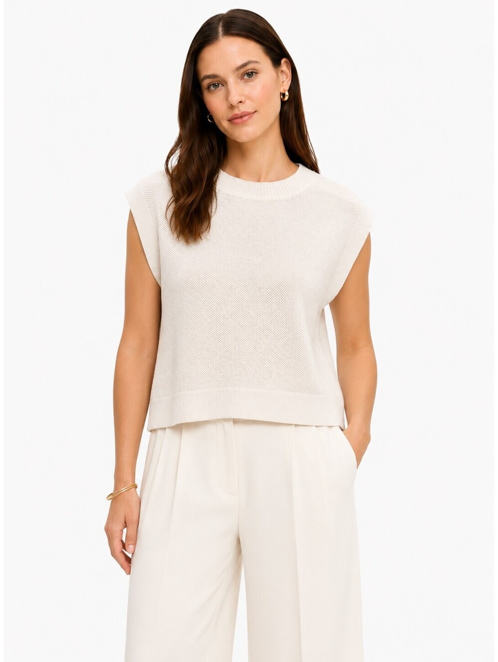 Banana Republic Cream Textured Sleeveless Knit Sweater Top L Cotton Blend